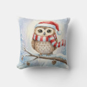 Watercolor Christmas Owl In a Santa Hat クッション (正面)