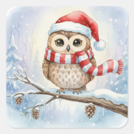 Watercolor Christmas Owl In a Santa Hat スクエアシール