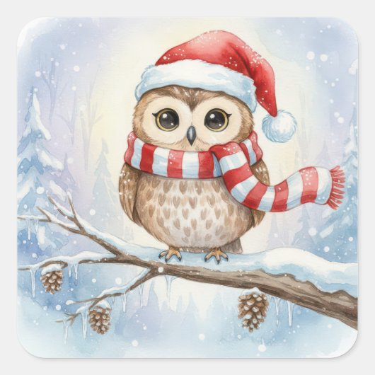 Watercolor Christmas Owl In a Santa Hat スクエアシール (正面)