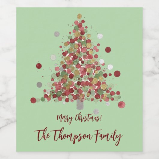 Watercolor Christmas Polka Dot Tree ワインラベル (シングルラベル)