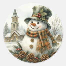 Watercolor Christmas Snowman Cozy Winter Holiday ラウンドシール