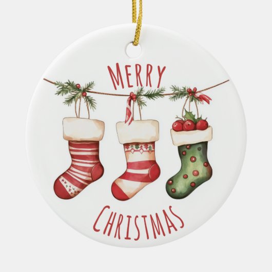 Watercolor Christmas Stockings Ornament セラミックオーナメント (正面)
