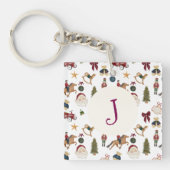 Watercolor Christmas Toys Monogram inital キーホルダー (正面)