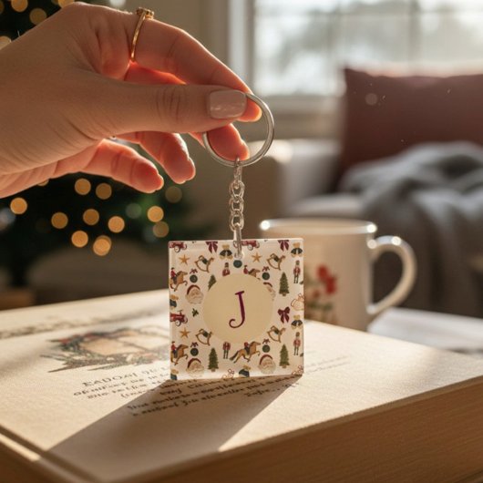 Watercolor Christmas Toys Monogram inital キーホルダー