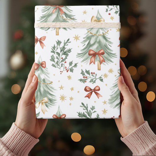 Watercolor Christmas Tree & Bow Wrapping Paper ラッピングペーパー