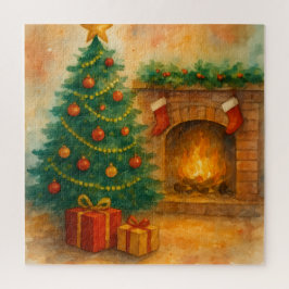 Watercolor Christmas Tree & Cozy Fireplace Holiday ジグソーパズル