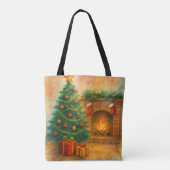 Watercolor Christmas Tree & Cozy Fireplace Holiday トートバッグ (裏面)