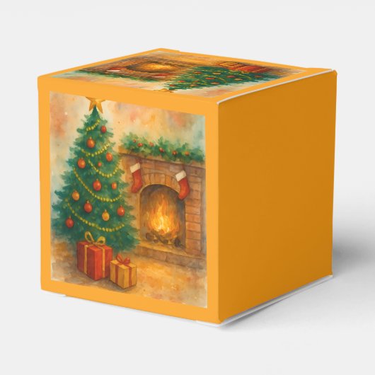 Watercolor Christmas Tree & Cozy Fireplace Holiday フェイバーボックス (裏面サイド)