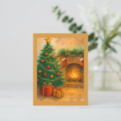 Watercolor Christmas Tree & Cozy Fireplace Holiday ポストカード (スタンド正面)