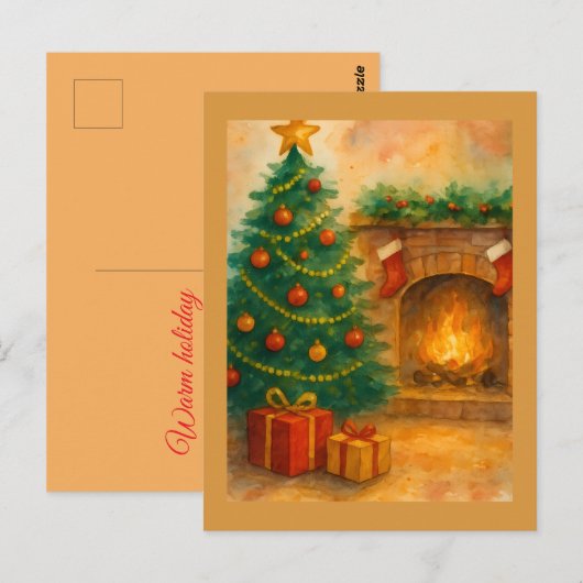 Watercolor Christmas Tree & Cozy Fireplace Holiday ポストカード (正面/裏面)
