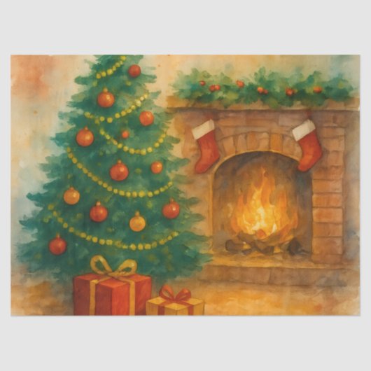 Watercolor Christmas Tree & Cozy Fireplace Holiday 薄葉紙 (正面)