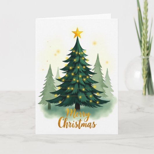 Watercolor Christmas Tree Holiday Greeting Card カード (正面)