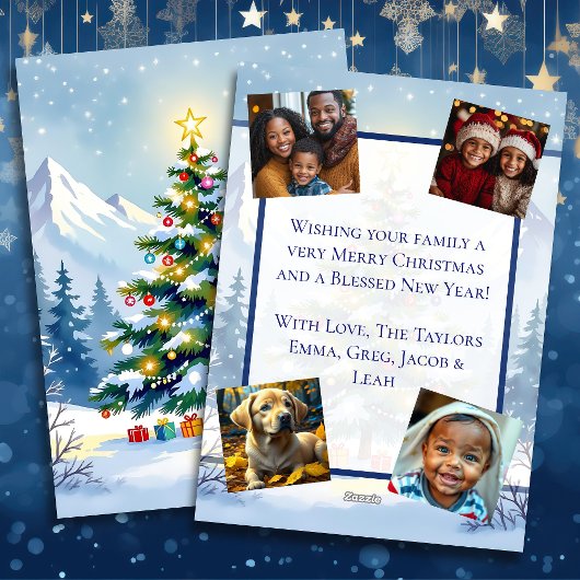 Watercolor Christmas Tree in the Mountains Photo シーズンカード