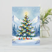 Watercolor Christmas Tree in the Mountains Photo シーズンカード (スタンド正面)