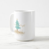 Watercolor Christmas Tree "Merry & Bright" Holiday コーヒーマグカップ (正面左)