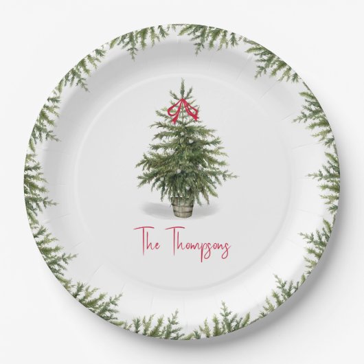 Watercolor Christmas Tree Personalized  ペーパープレート (正面)