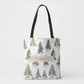 Watercolor Christmas Tree Personalized Tote Bag トートバッグ (正面)