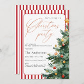 Watercolor Christmas tree Red Stripe Party 招待状 (正面/裏面)