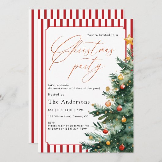 Watercolor Christmas tree Red Stripe Party 招待状 (正面/裏面)