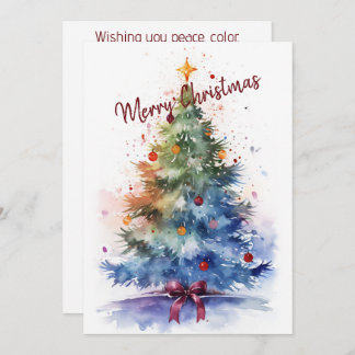 Watercolor Christmas Tree with Red Bow  シーズンカード