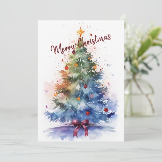 Watercolor Christmas Tree with Red Bow  シーズンカード (スタンド正面)