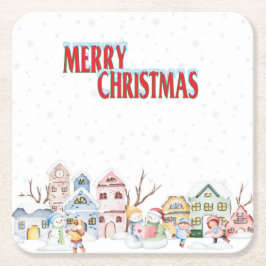 Watercolor Christmas Village Coaster スクエアペーパーコースター