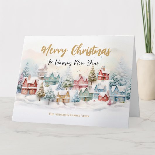 Watercolor Christmas Village Holiday Card カード (正面)