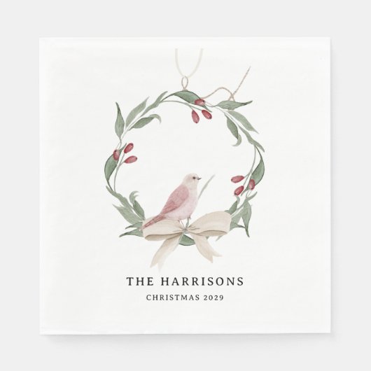 Watercolor Christmas Wreath Personalized White スタンダードランチョンナプキン (正面)