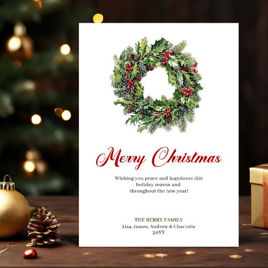 Watercolor Christmas Wreath Red Green Greeting  シーズンカード