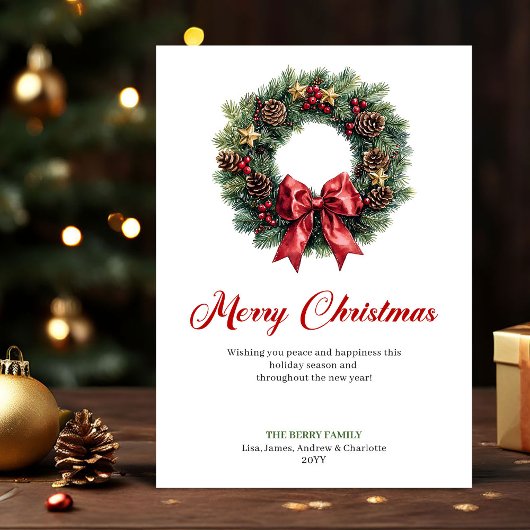 Watercolor Christmas Wreath Traditional Greeting シーズンカード
