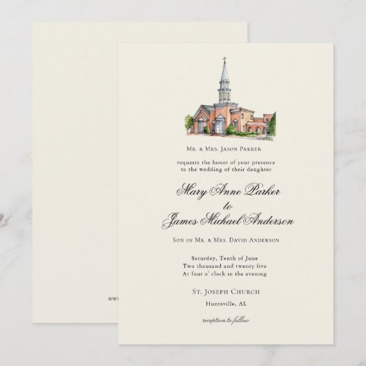 Watercolor Church Traditional Wedding 招待状 (正面/裏面)