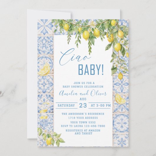 Watercolor ciao bambino lemons baby shower 招待状 (正面)