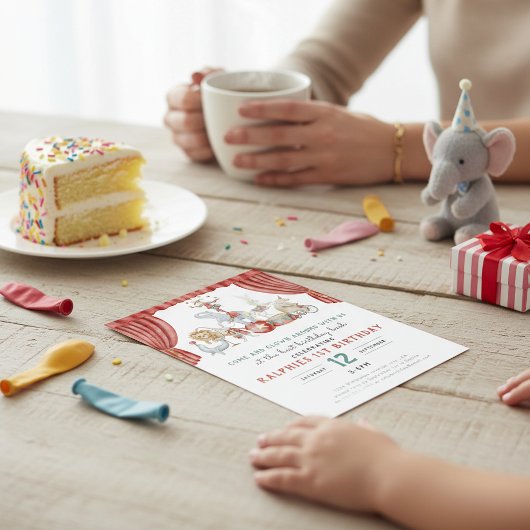 Watercolor Circus Elephant First Birthday 招待状