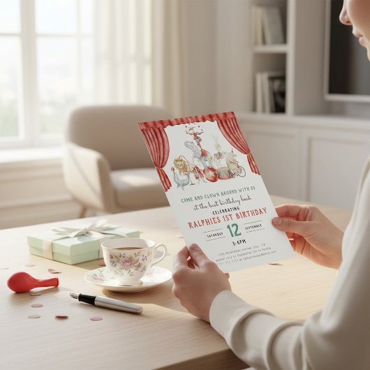 Watercolor Circus Elephant First Birthday 招待状