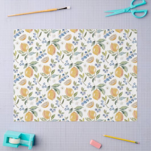 Watercolor Citrus & Blueberry Pattern 薄葉紙 (クラフト)