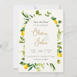 Watercolor Citrus Lemon Arch Save the Date Card 招待状
