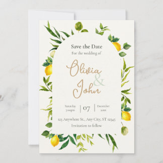 Watercolor Citrus Lemon Arch Save the Date Card 招待状