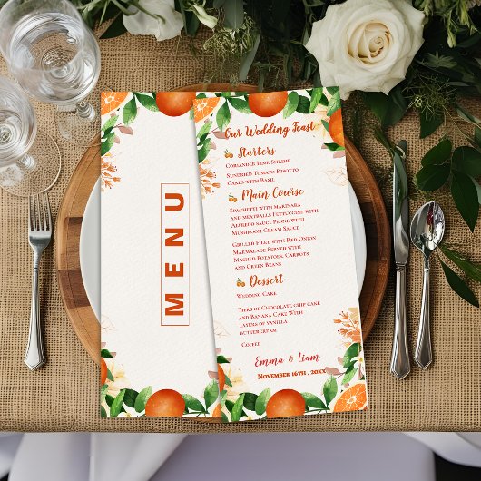  Watercolor Citrus Orange Wedding Reception Dinner メニュー