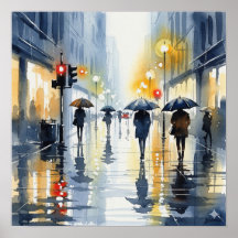 Watercolor Cityscape in Rain
