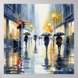 Watercolor Cityscape in Rain ポスター