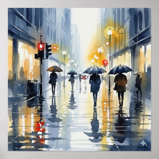 Watercolor Cityscape in Rain ポスター (正面)