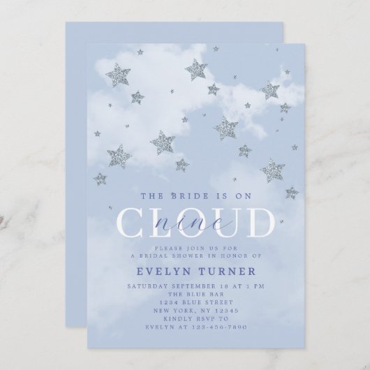 Watercolor Cloud 9 Stars Blue White Bridal Shower 招待状 (正面/裏面)