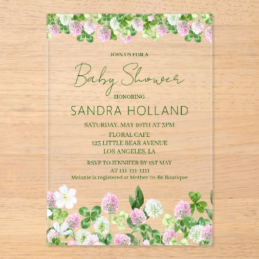 Watercolor Clover Meadow Baby Shower アクリル招待状 (正面)