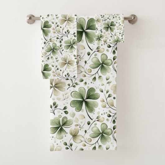 Watercolor Clover Pattern – Green & Neutral  バスタオルセット (インサイチュ)