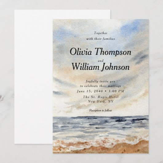 Watercolor Coastal Beach Wedding Invitation 招待状 (正面/裏面)