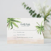 Watercolor Coastal Beach with Palm Trees Wedding 出欠カード (スタンド正面)