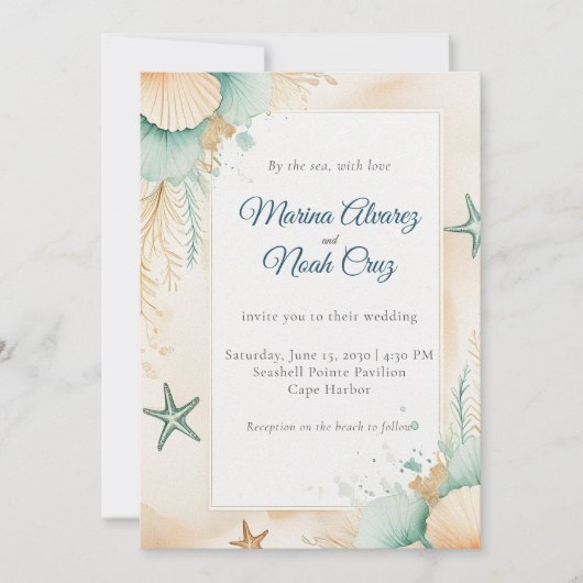 Watercolor Coastal Chic Beach Wedding Invitation 招待状 (正面)