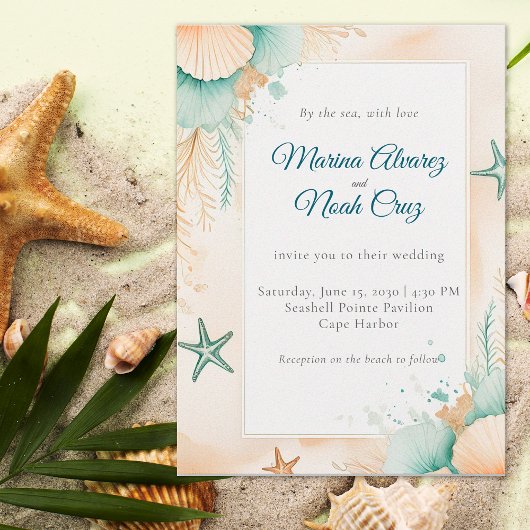 Watercolor Coastal Chic Beach Wedding Invitation 招待状