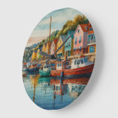 Watercolor Coastal Harbor Boats Seascape ラージ壁時計 (傾斜)
