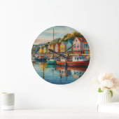 Watercolor Coastal Harbor Boats Seascape ラージ壁時計 (ホーム)